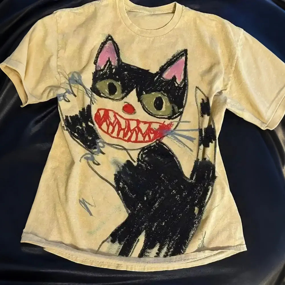 Women's Horror Cat Crayon Art Print Short Sleeve T-shirt