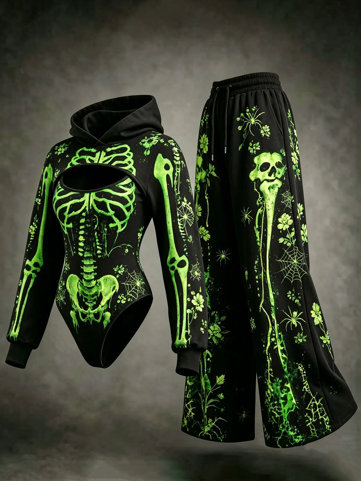 Women's Dark Retro Halloween Skeleton Spider Web Floral Print Three-piece Set