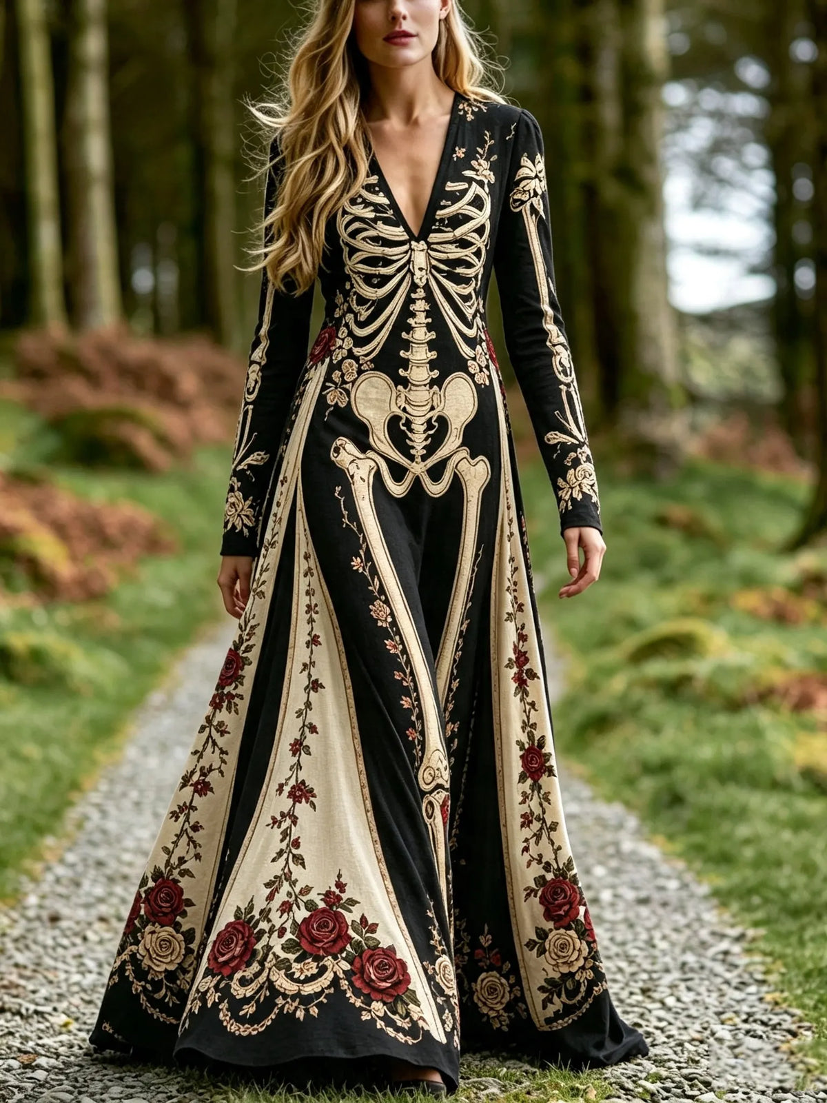 Women's Vintage Gothic Skeleton With Floral Art Print V Neck Long Sleeve Maxi Dress
