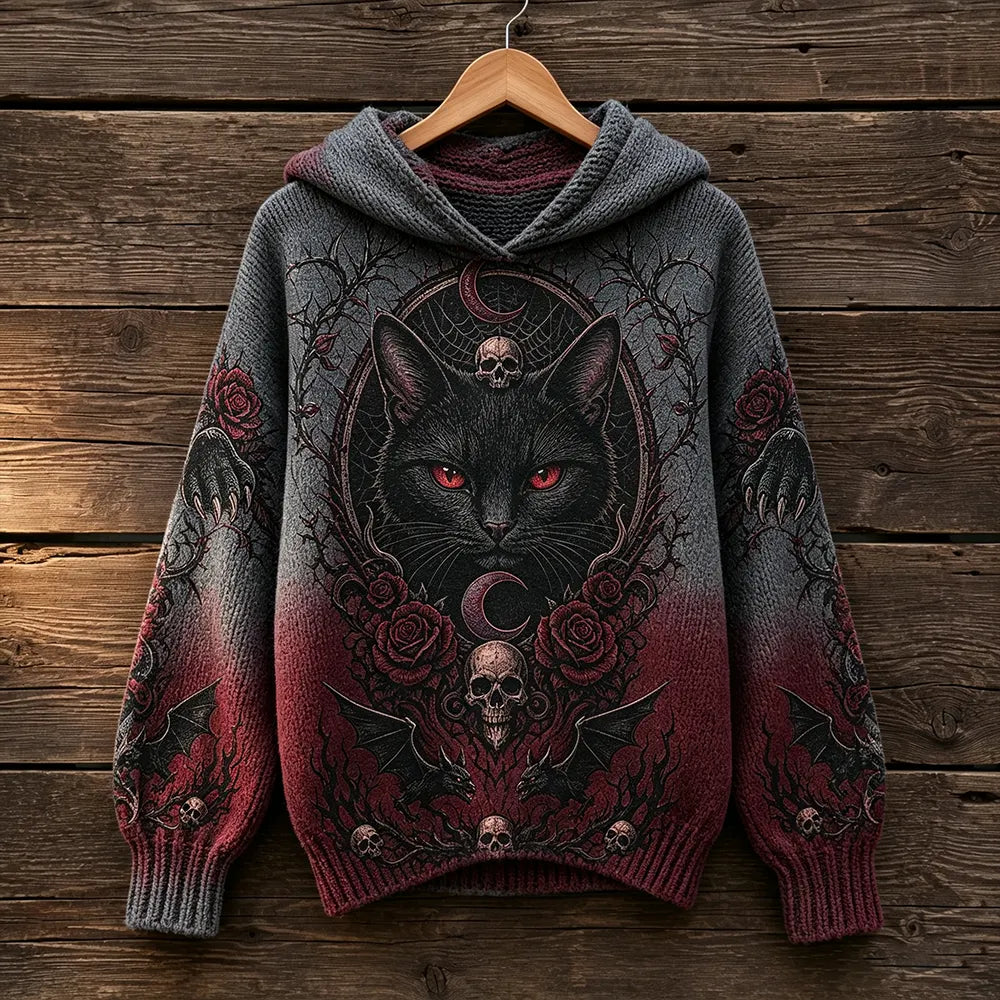 Women's Knit Hooded Sweater Featuring Cat Face, Skulls, Roses, And Crescent Moon