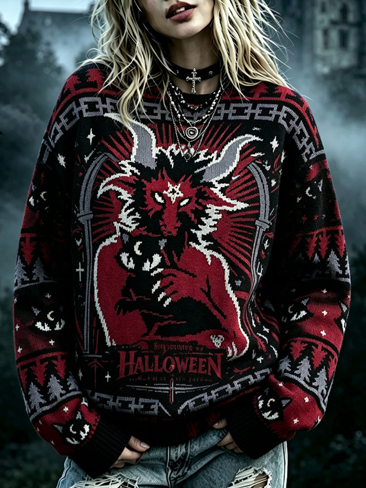 Women's Halloween Gothic Demon Cat Hug Long-sleeve Sweater