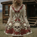 Women's Retro Halloween Skull And Floral Print V-neck Long Sleeve Dress