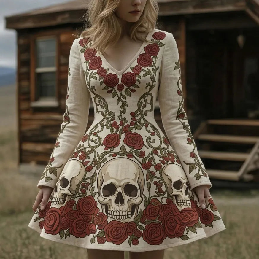 Women's Retro Halloween Skull And Floral Print V-neck Long Sleeve Dress
