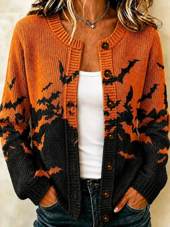 Women's Halloween Gothic Style Bat Gradient Art Print Knit Button Cardigan