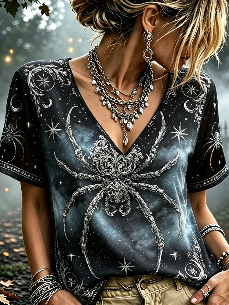 Women's V-neck T-shirt With Large Gothic Spider And Celestial Moon & Star Print