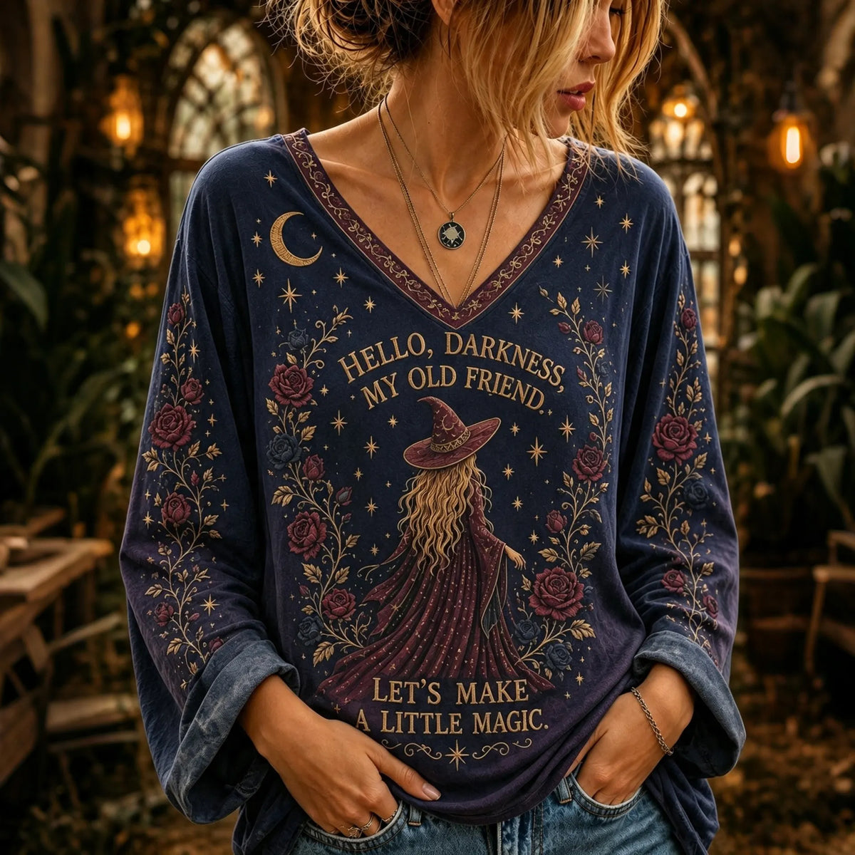 Women's Retro Halloween  Letter Sun Moon Rose Print V-neck Long Sleeve Cotton Linen Top
