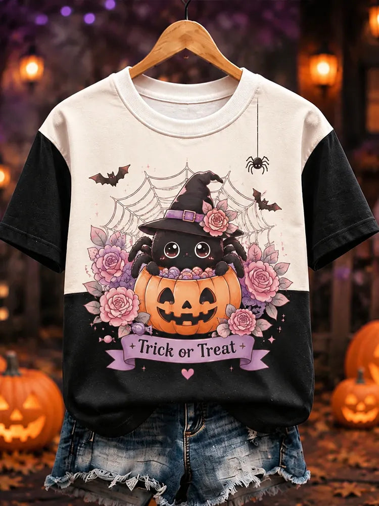 Unisex Off-white And Black Colorblock Trick Or Treat Witch Spider Pumpkin Print Short Sleeve T-shirt
