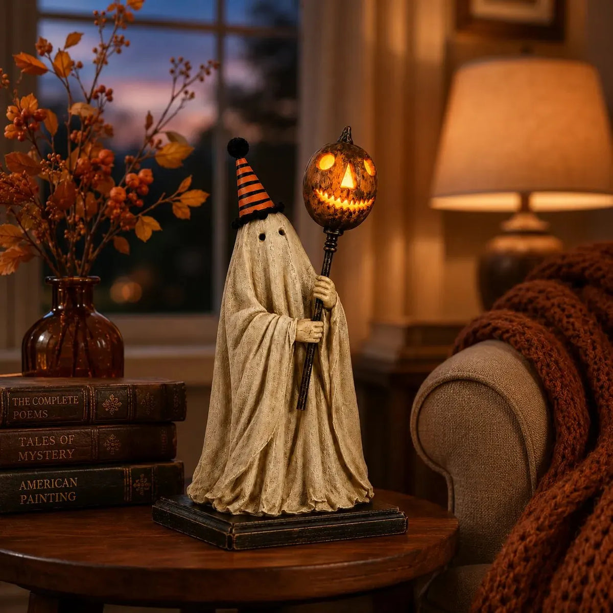 Lighted Vintage Ghost Figurine with Glowing Pumpkin Staff 👻💡