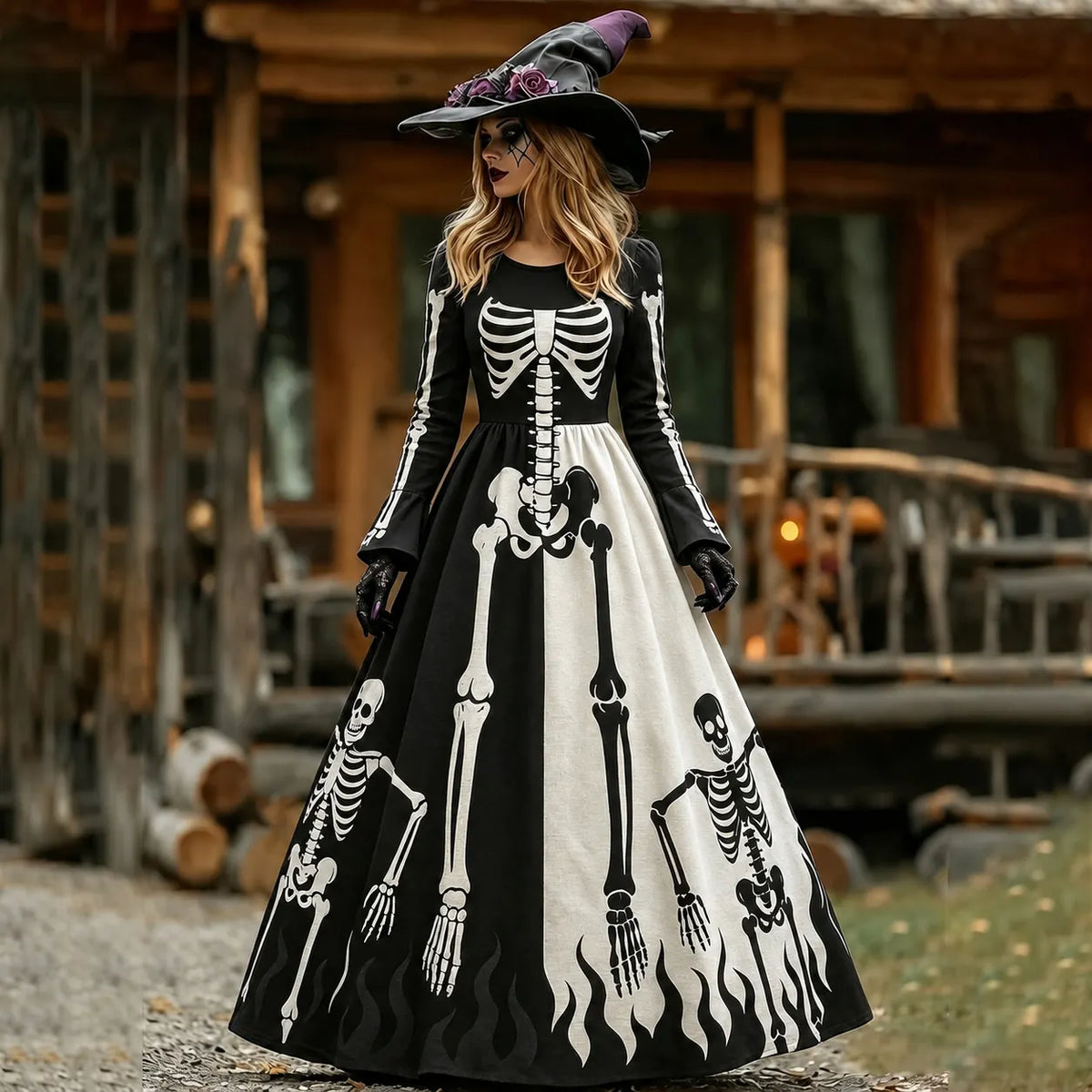 Women's Vintage Halloween Color Block Skeleton Print Crew Neck Long Sleeve Maxi Dress