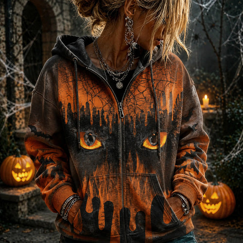 Women's Retro Halloween Gothic Style Washed Halloween Cat Eye Bat Graveyard Full Print Hooded Sweatshirt