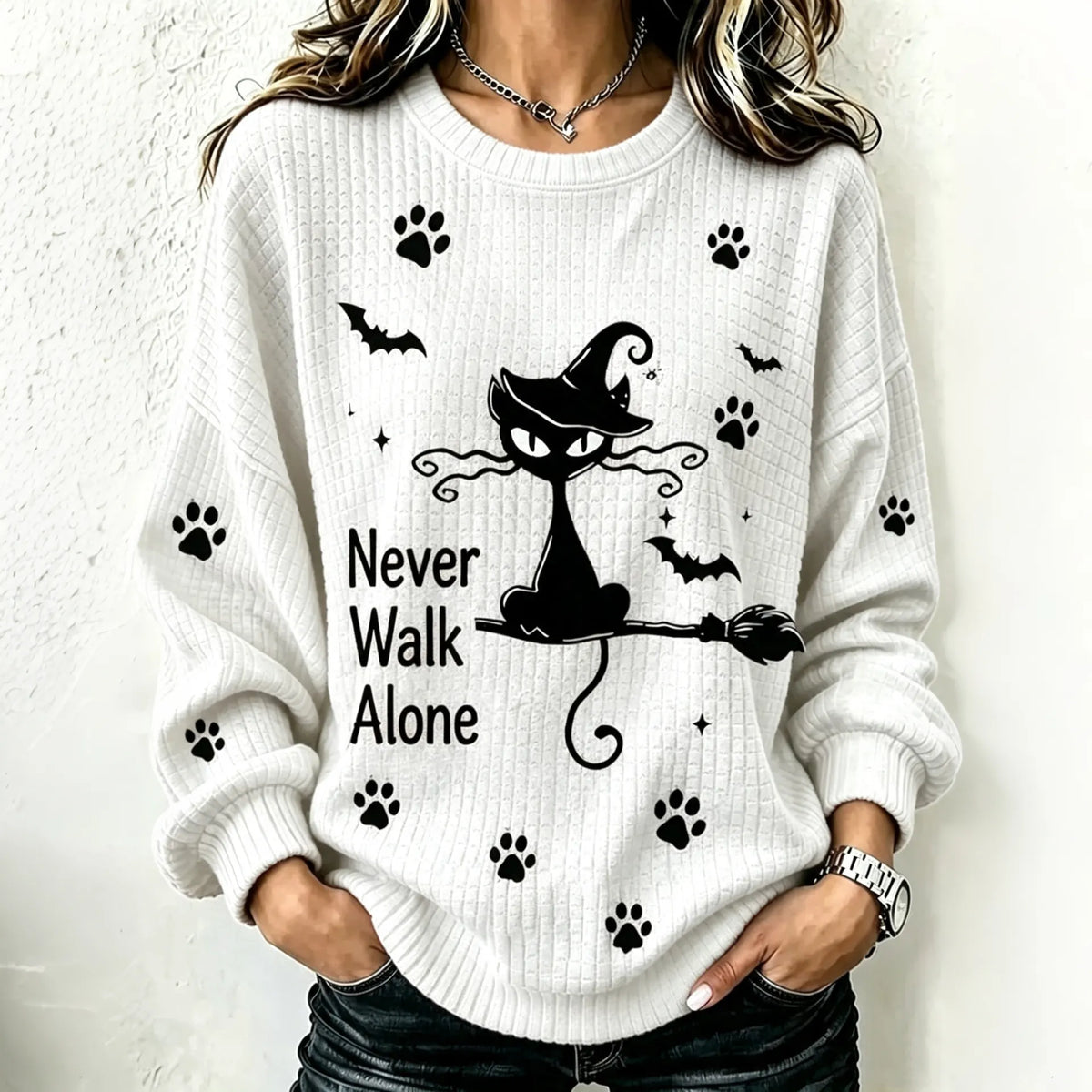 Never Walk Alone Halloween Cat And Broom Print Casual Sweatshirt