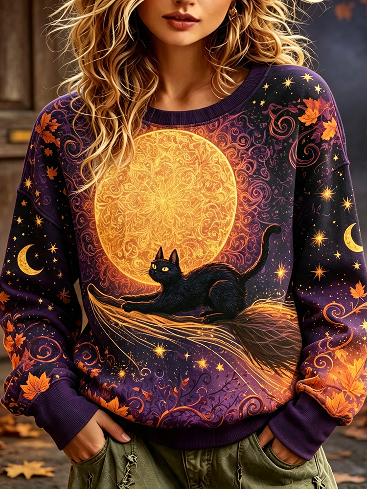 Women's Halloween Graphic Sweatshirt - Black Cat On Broomstick, Full Moon And Maple Leaves Print Pullover