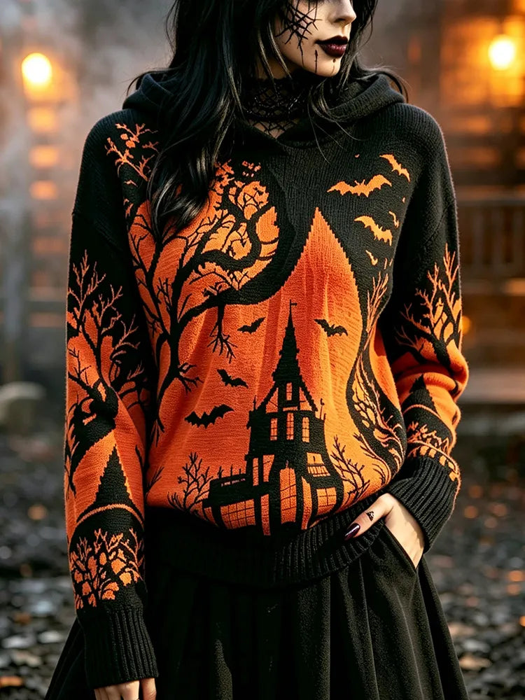Women's Halloween Gradient Treehouse Design Print Hooded Sweater