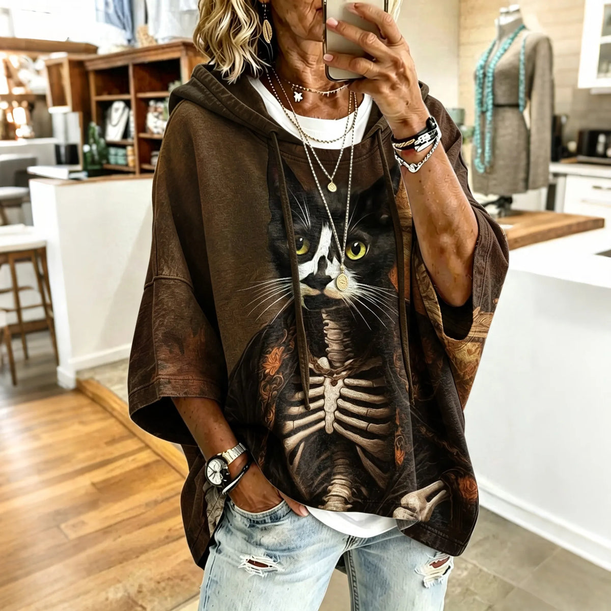Women's Retro Halloween Cat Skeleton Print Hooded Sweatshirt