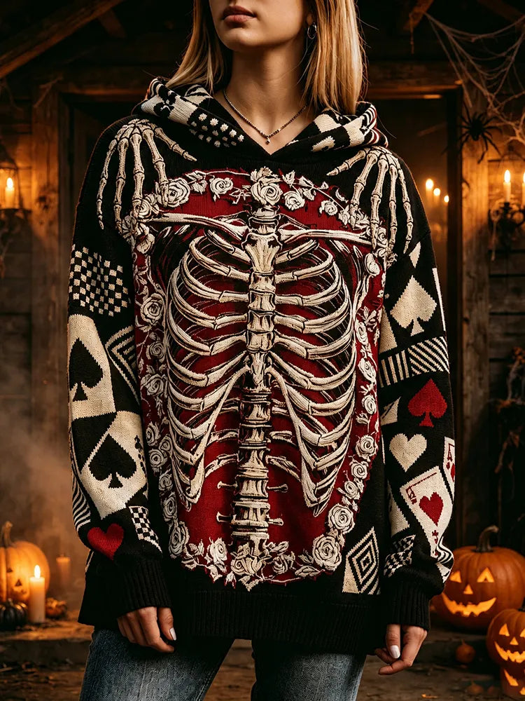 Women's Halloween Gothic Skeleton Poker Flowers Print Cozy Art Knit Hooded Sweater
