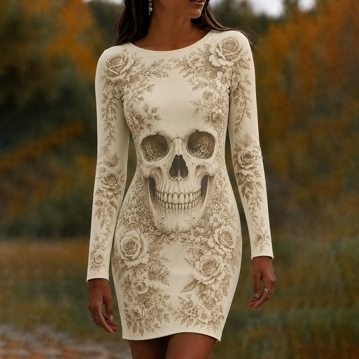 Women's Skull & Floral Halloween Art Print Mini Dress