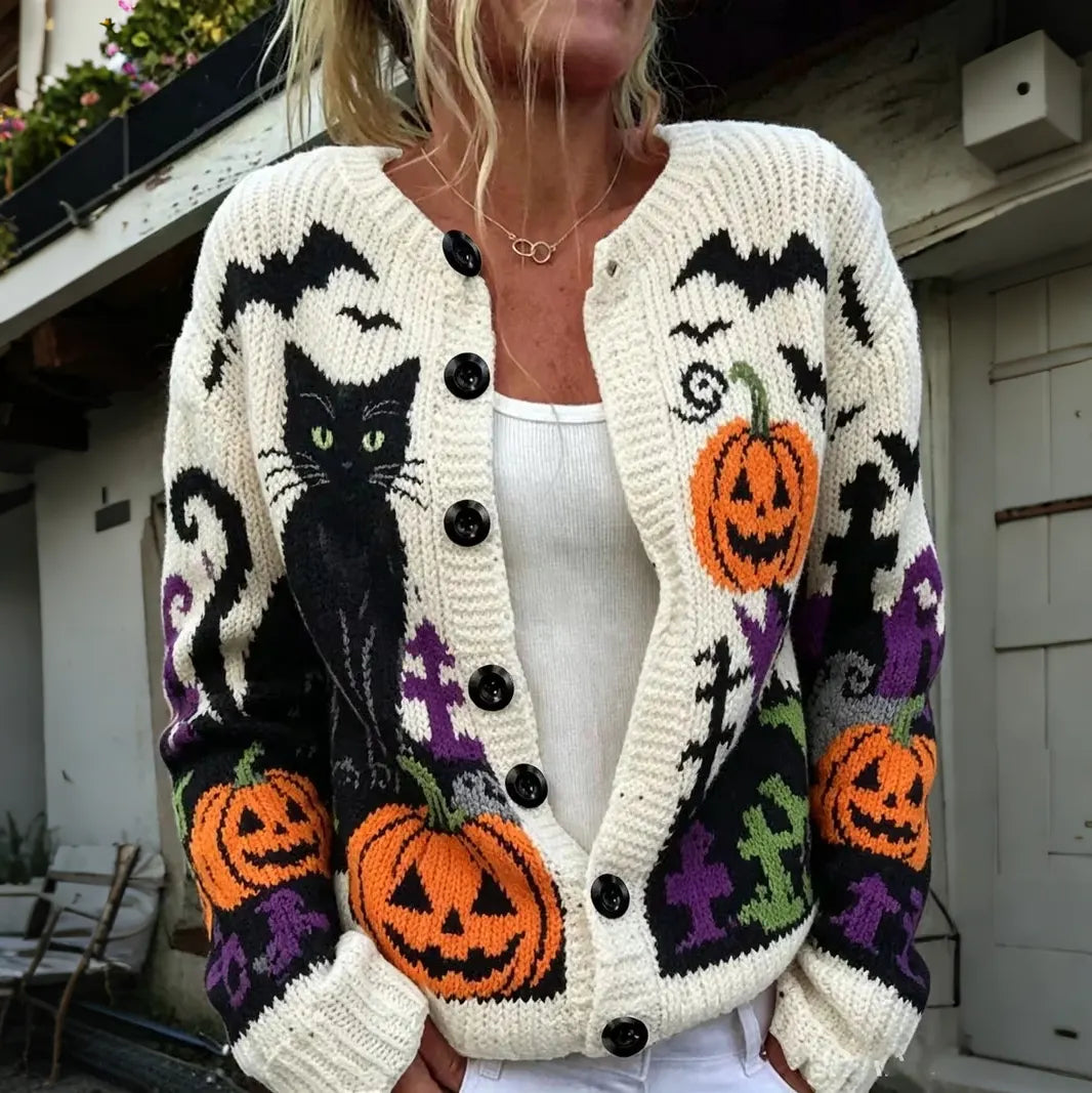 Women's Halloween Gothic Blac Cat Pumpkin Art Print Knit Button Cardigan