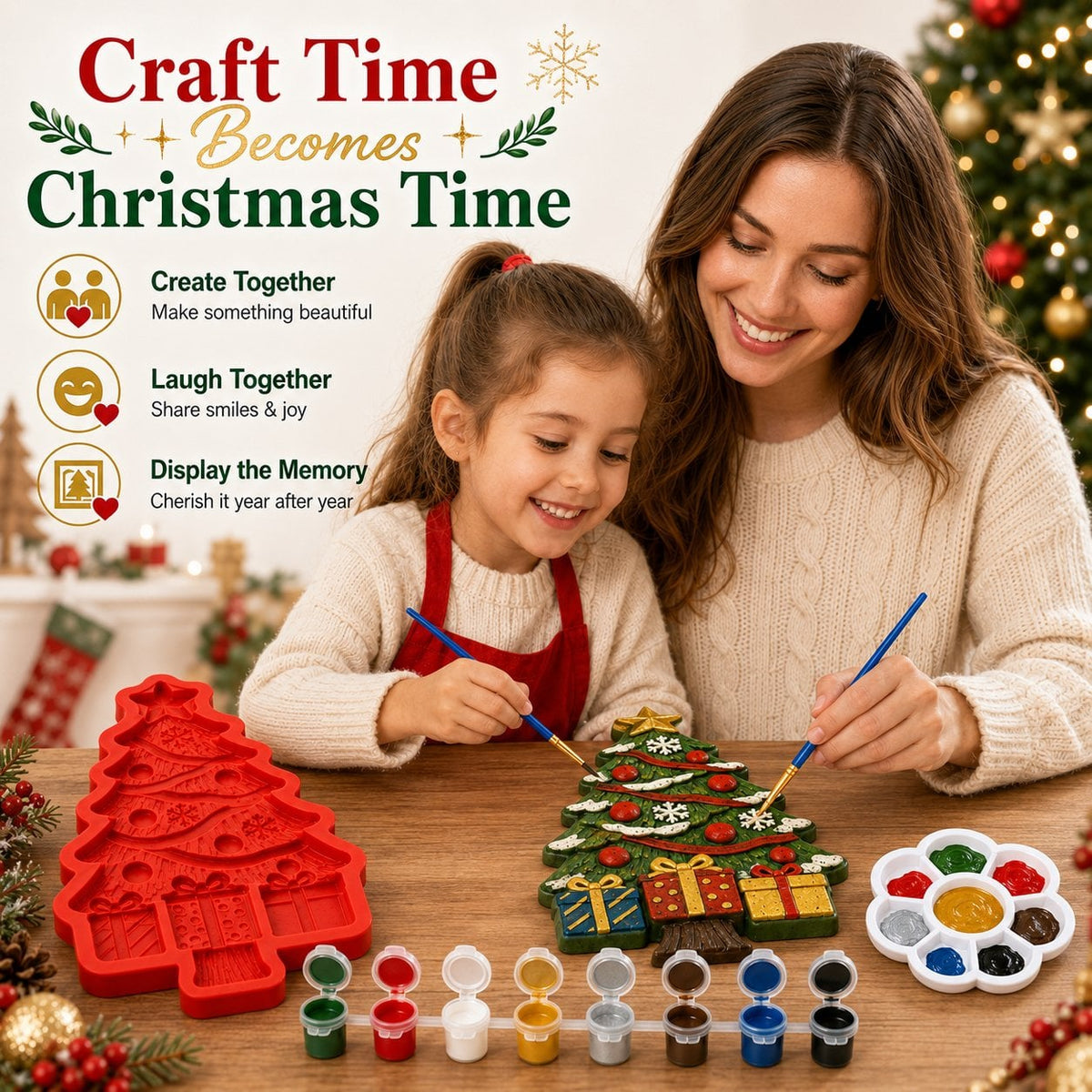 🔥 BUY 2 SAVE 20% – 🎄 DIY Christmas Tree Mold & Paint Craft Kit | Reusable 3D Mold with 8 Acrylic Paints, 2 Brushes & Festive Detail Guide 🎨✨