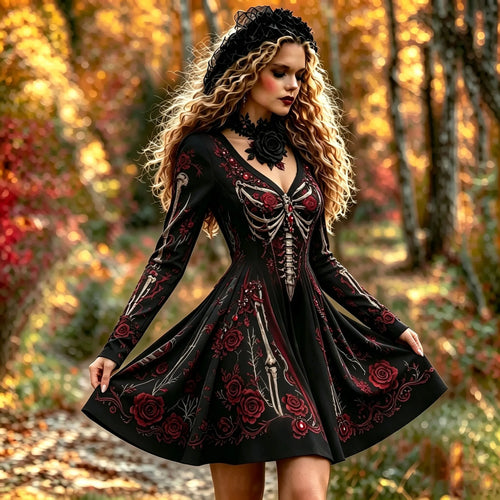 Women's Gothic Skeleton Red Rose Mini Dress