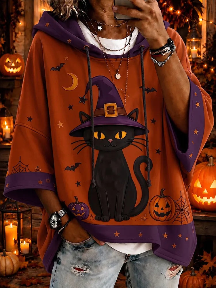 Women's Halloween Black Cat Art Print Casual Hoodie