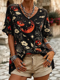 Women's Casual Short Sleeve V-neck T-shirt With Gothic Red Moon, Spiderweb, And Floral Print