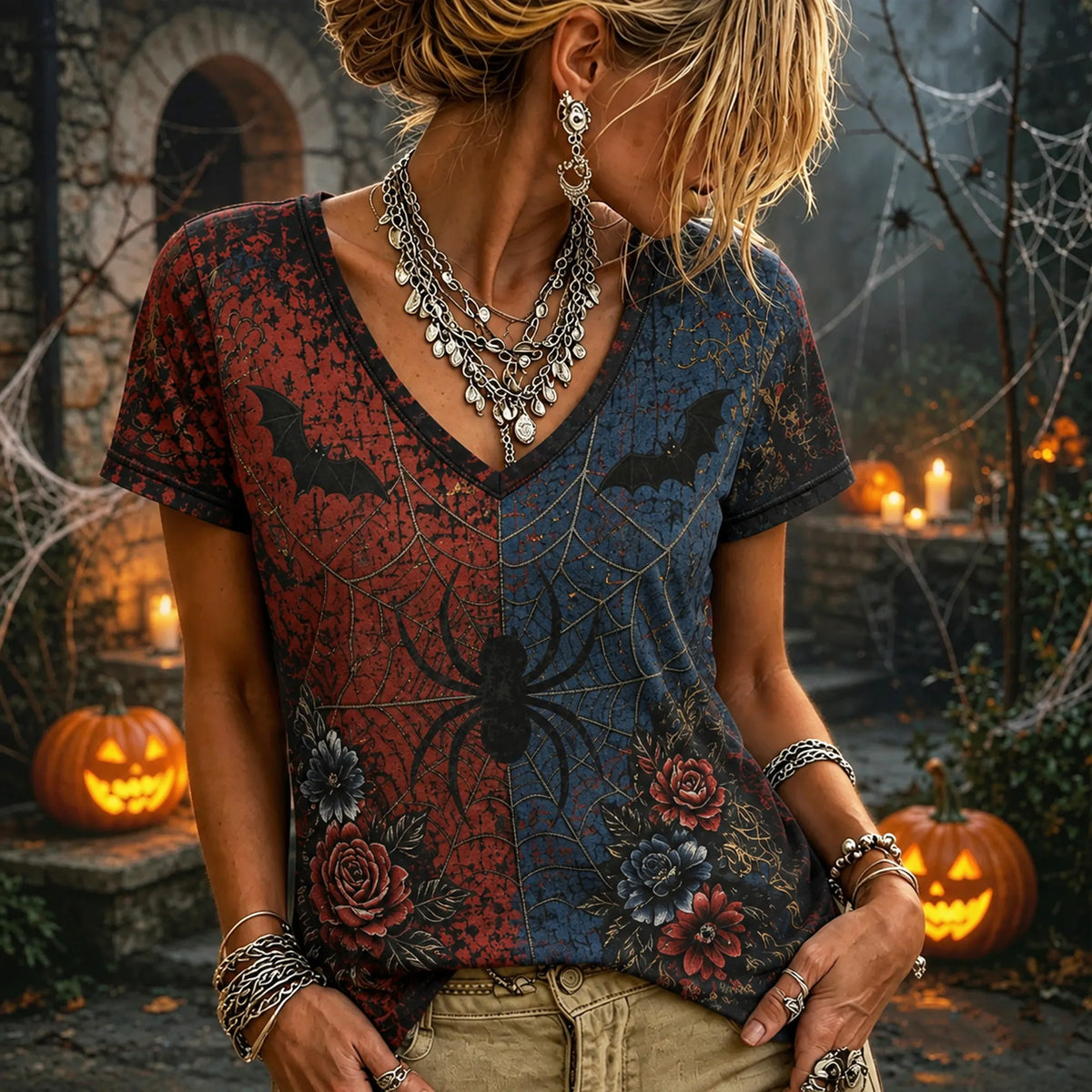 Women's Vintage Distressed Washed Halloween Spider Bat Floral Print V-neck Short Sleeve T-shirt