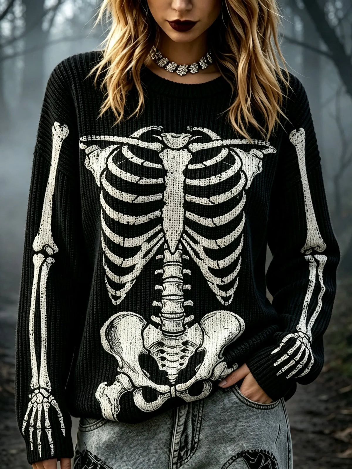 Women's Retro Halloween-themed Human Skeleton Print Sweater