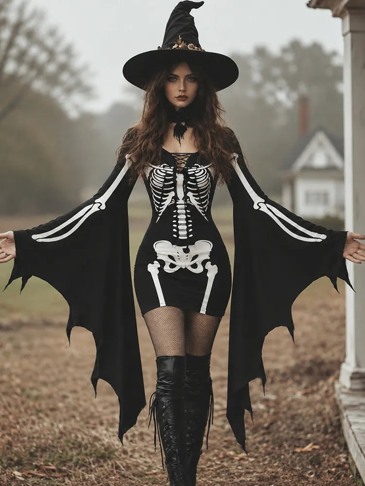 Women's Gothic Skeleton Batwing Flare Sleeve Lace‐up Bodycon Dress – Halloween Costume