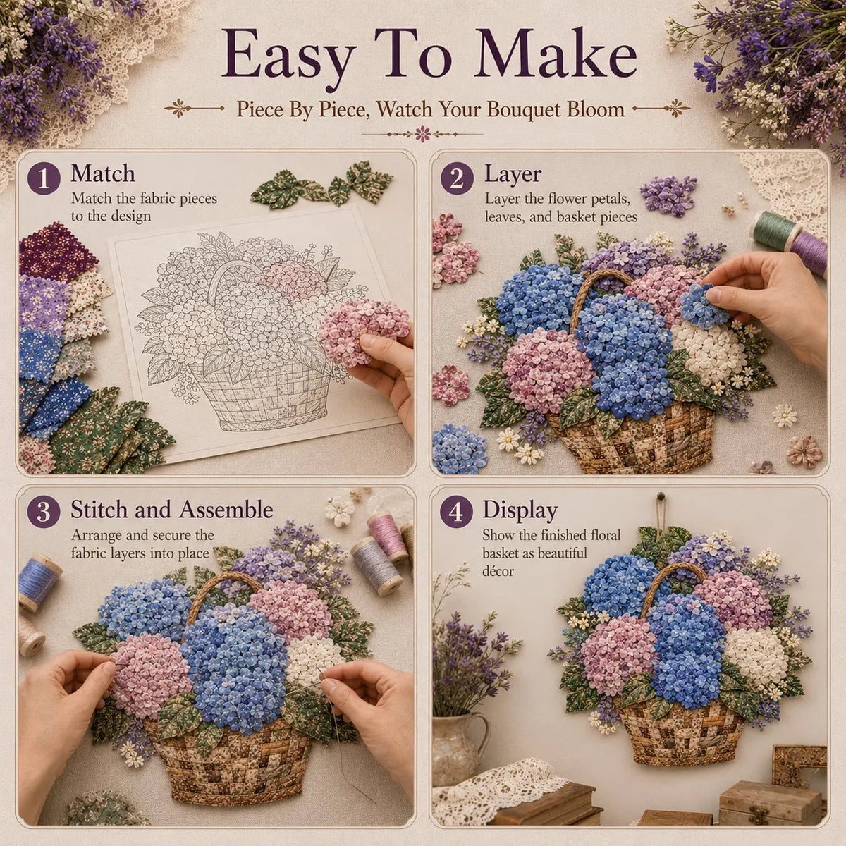 🌸🧵 Premium Floral Basket Patchwork DIY Kit | High-Quality Layered Fabric Bouquet with Raised Petals & Woven Basket Details ✨