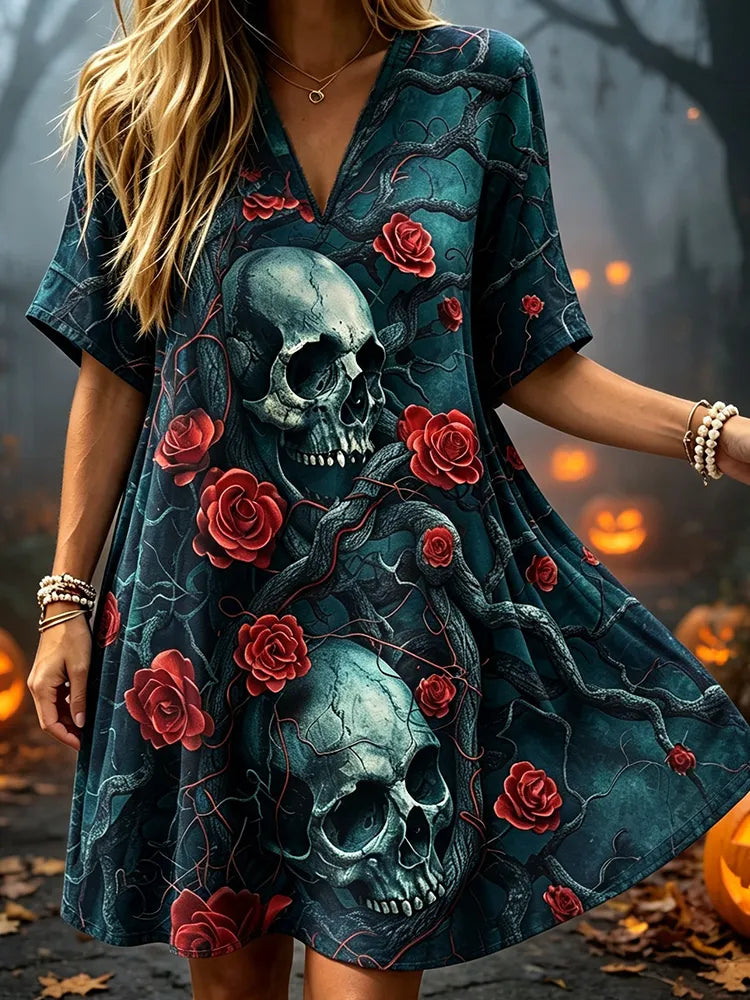 Women's Skull & Rose Graphic Mini Dress - Gothic Style V-neck Short Sleeve Skater Dress