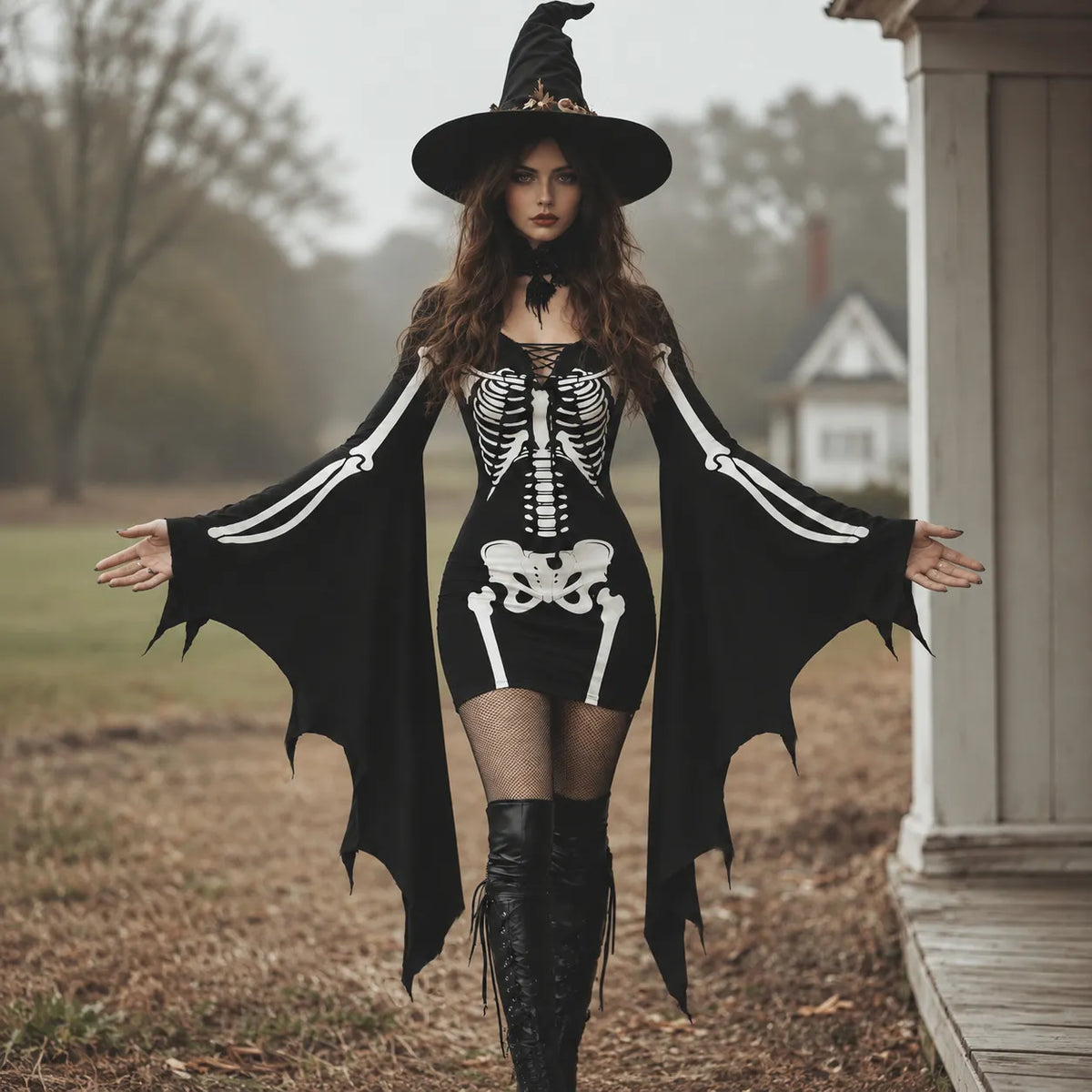 Women's Gothic Skeleton Batwing Flare Sleeve Lace‐up Bodycon Dress – Halloween Costume