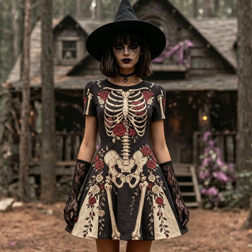Women's Vintage Halloween Gothic Skeleton Roses Art Print Linen Short-sleeved Dress