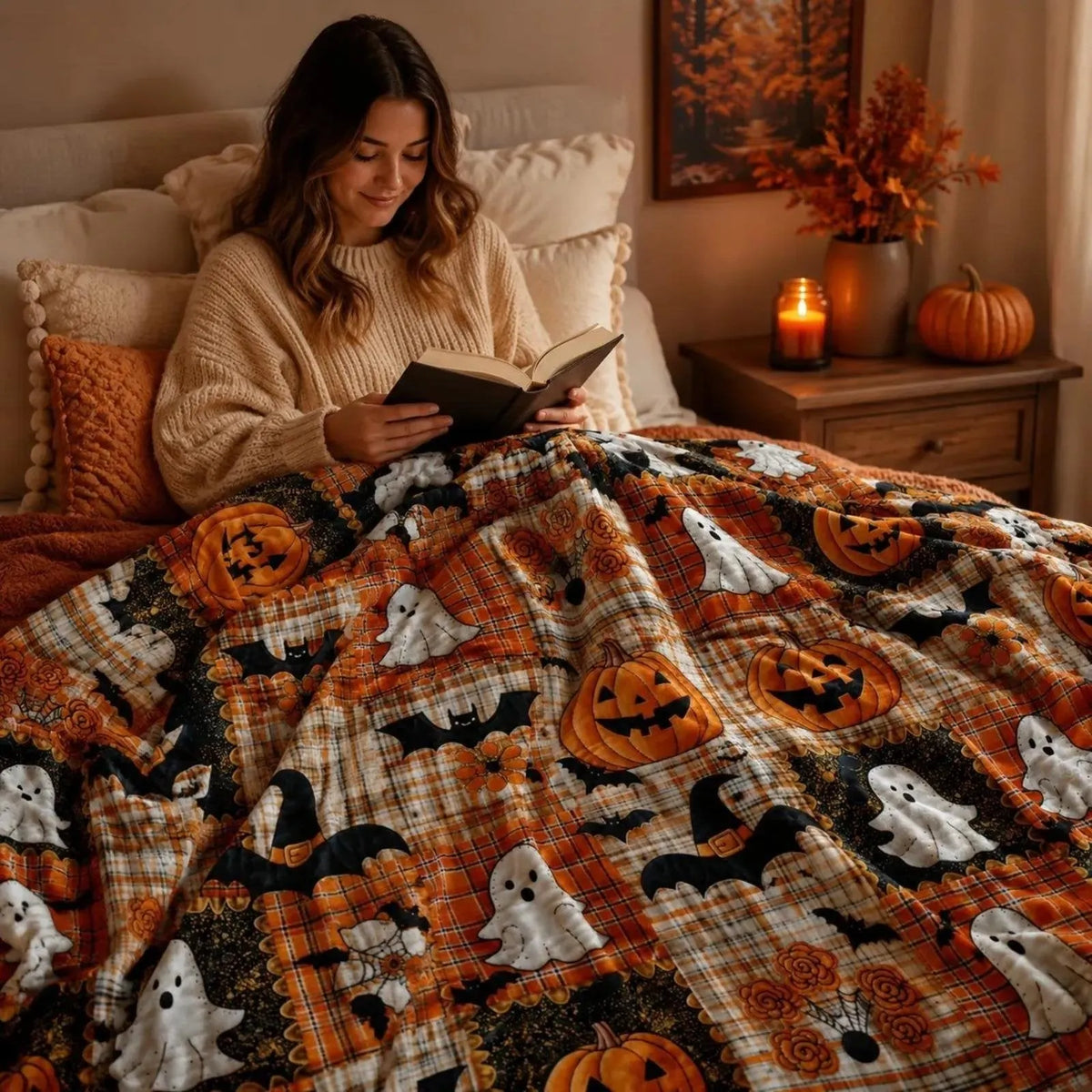 🎃Halloween Pumpkin & Bat Flannel Throw Blanket, Soft Lightweight Cozy Blanket for Sofa & Bed
