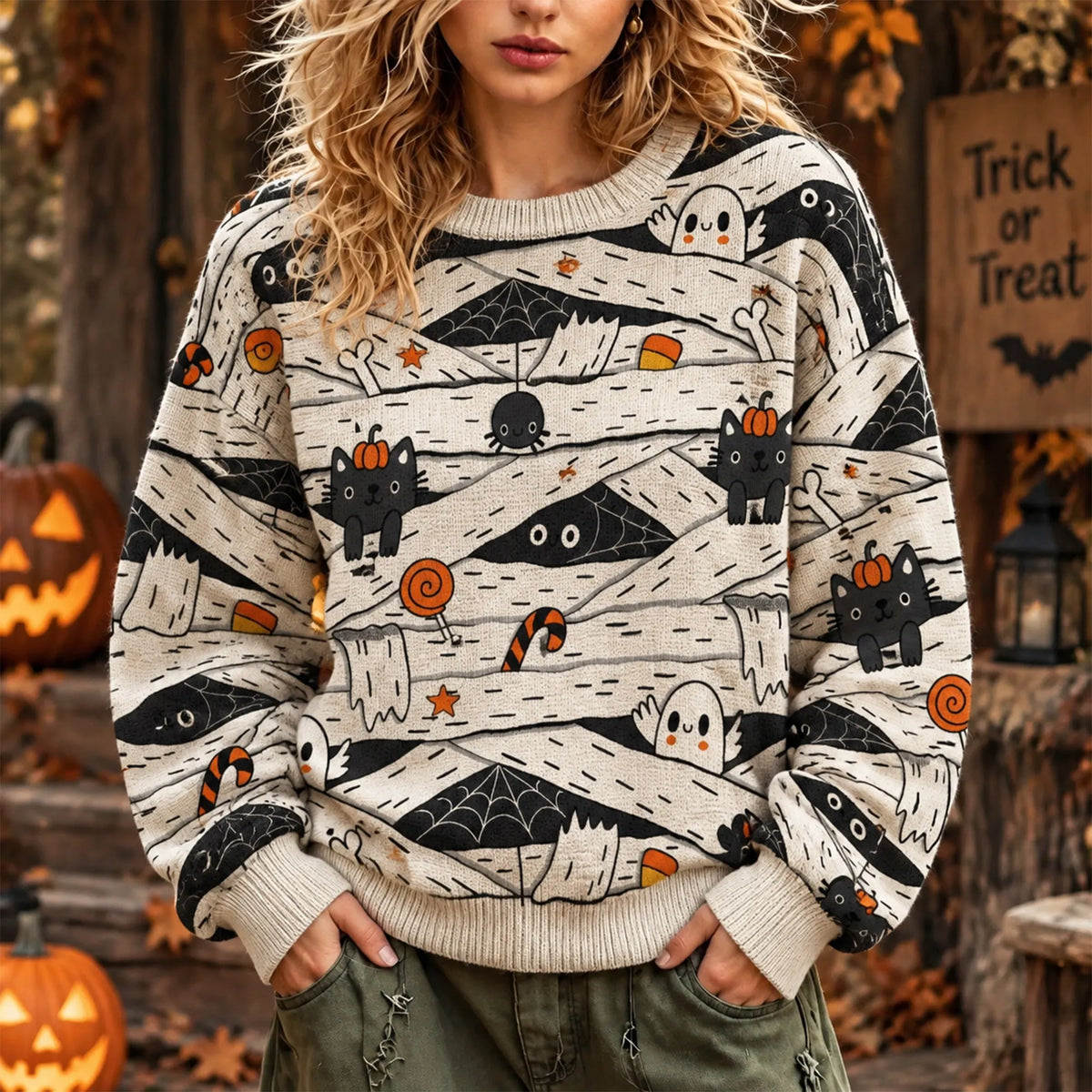 Women's Retro-cute Halloween Casual Crewneck Sweatshirt Featuring A Mummy, Ghost, And Black Cat