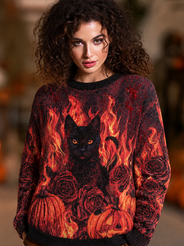 Women's Crewneck Pullover Sweater Featuring Blazing Fire, Cat, And Rose Graphic