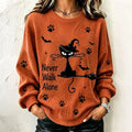 Never Walk Alone Halloween Cat And Broom Print Casual Sweatshirt
