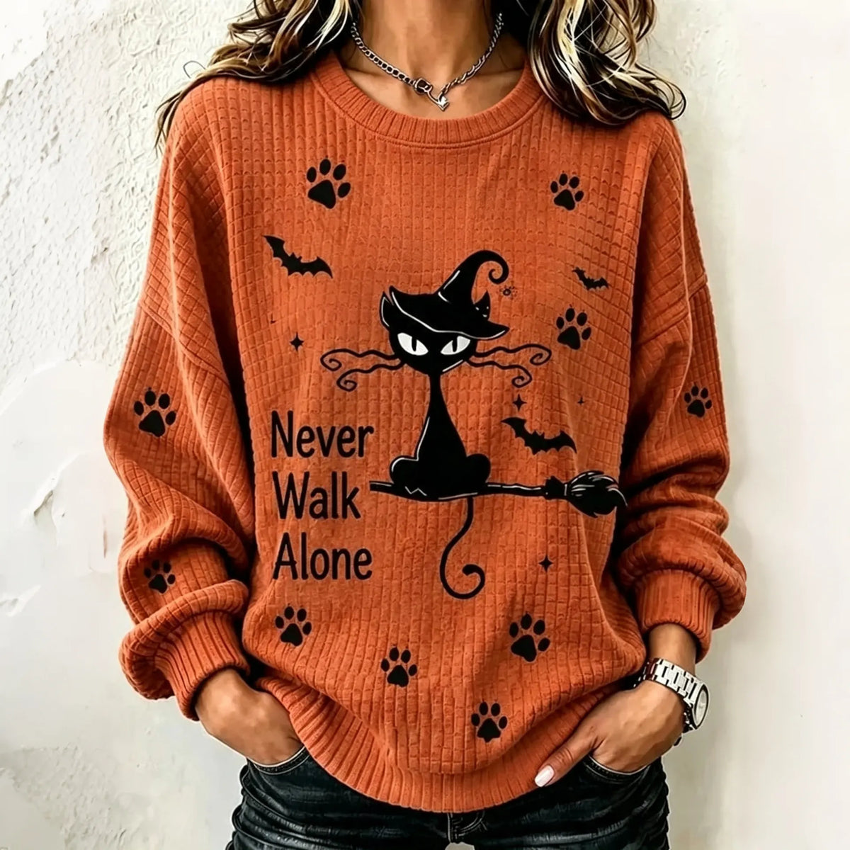 Never Walk Alone Halloween Cat And Broom Print Casual Sweatshirt