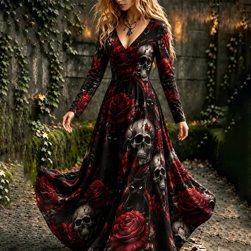 Women's Gothic Halloween Rose Skull Cat Print Long Sleeve Dress