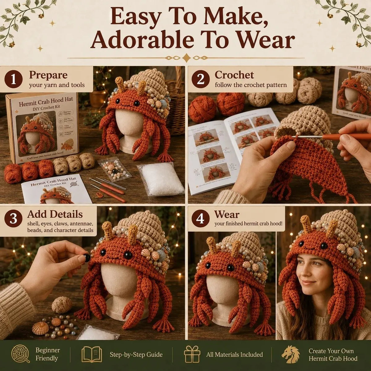 🔥 LAST DAY 49% OFF – 🌊✨ Ocean Series Hood Hat DIY Crochet Kit | Premium Soft Yarn Materials with Step-by-Step Guide DIY Handmade Wearable Ocean Character Hood 🧶🎭✨