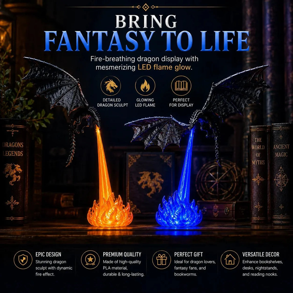 🐉3D Fire-Breathing Dragon LED Display – Fantasy Bookshelf Decor with Glowing Flame