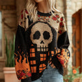 Women's Retro Halloween Skull Gothic House Pattern Print Knit Sweater