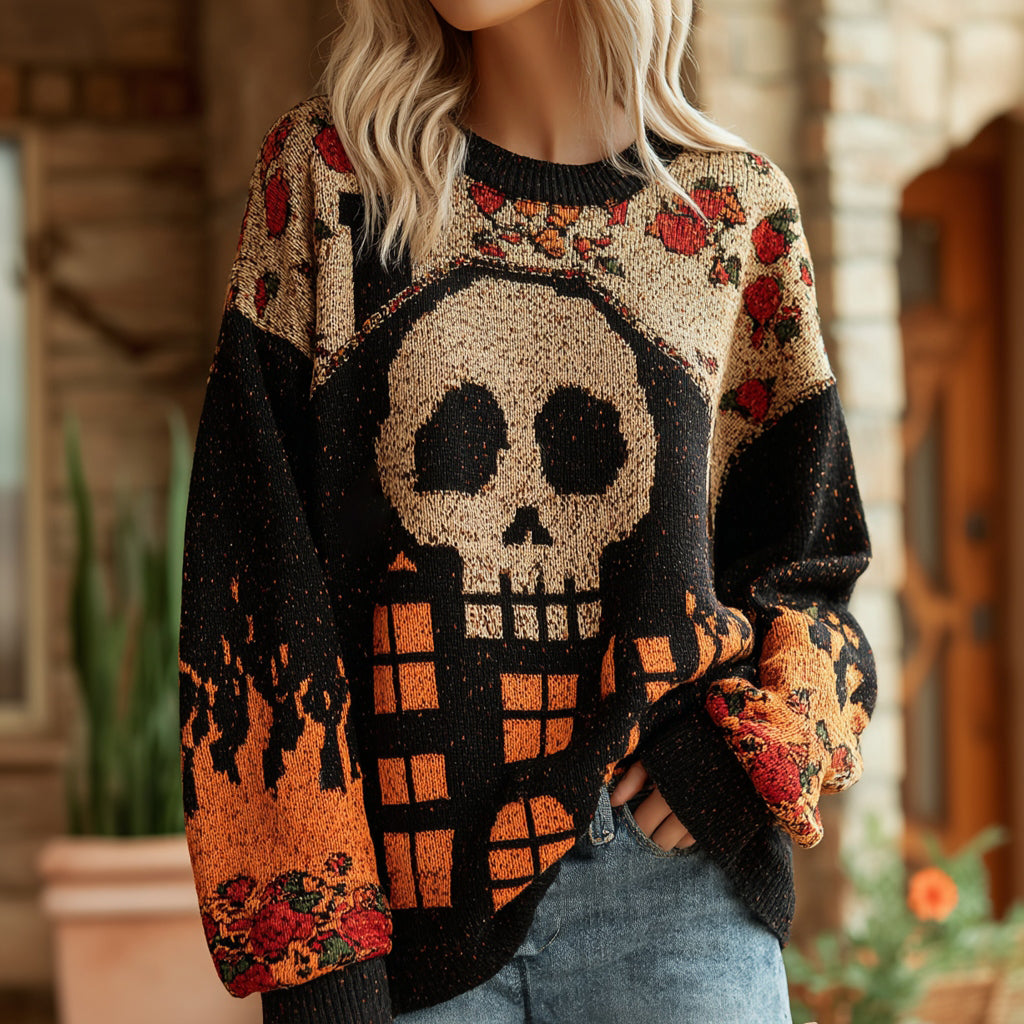 Women's Retro Halloween Skull Gothic House Pattern Print Knit Sweater