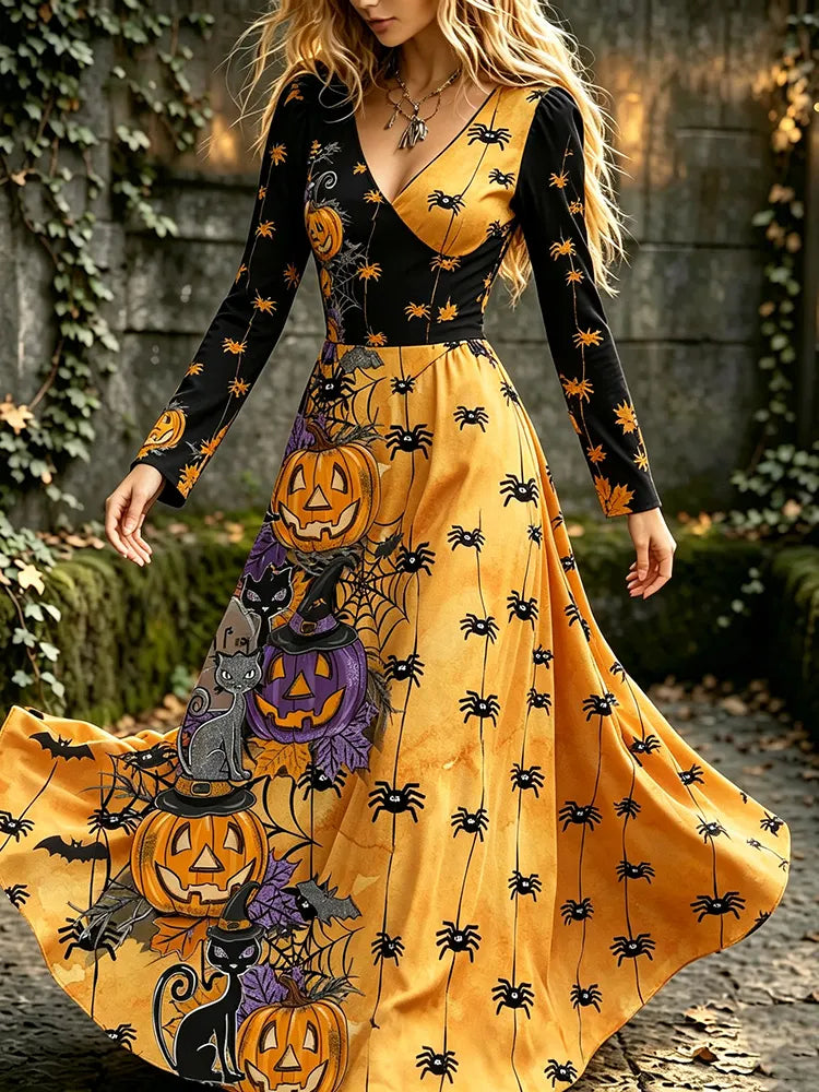 Women's Retro Halloween Black Cat Pumpkin Family Color Block V-neck Dress