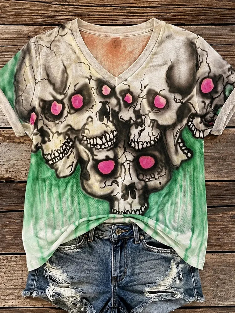 Vintage Halloween Colorful Skull Art Print Short Sleeve T-shirt