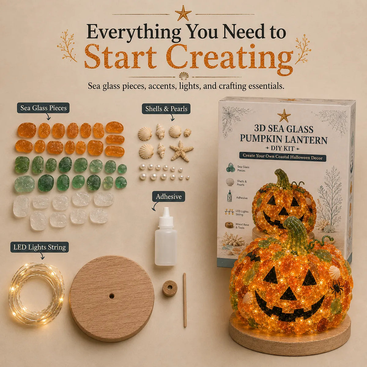 ⏳ Last Day 49% OFF – 🎃 Beginner-Friendly DIY Lighted Sea Glass Halloween Character Kit Collection | Complete Kit with Sea Glass Pieces, LED Lights & Step-by-Step Guide Included 💕