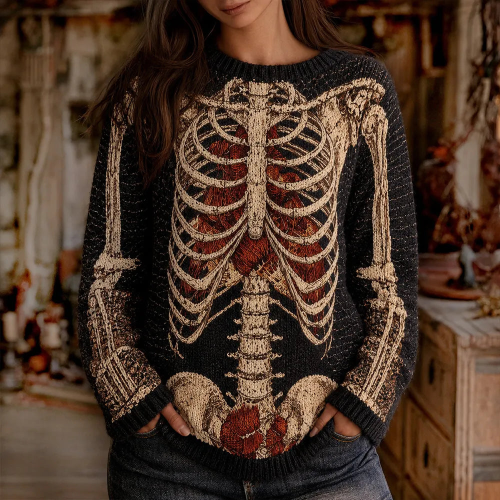 Women's Halloween Skull Art Knit Casual Vintage Crewneck Sweater