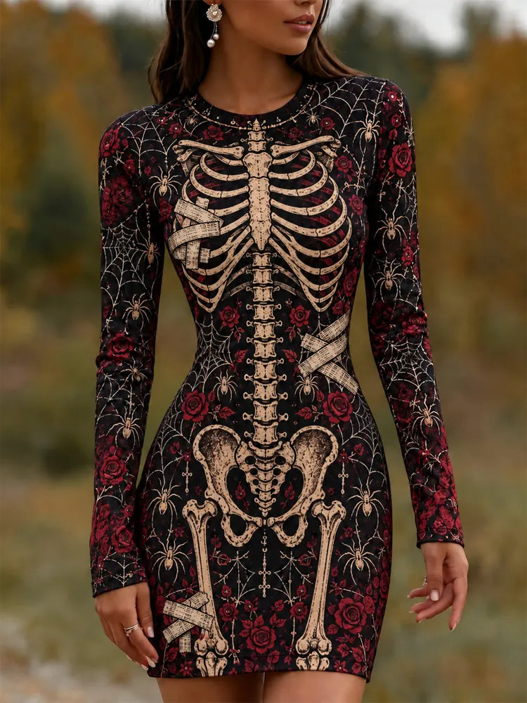 Girl's Halloween Rose Spiderweb Skeleton Lace-up Gothic Bodycon Dress