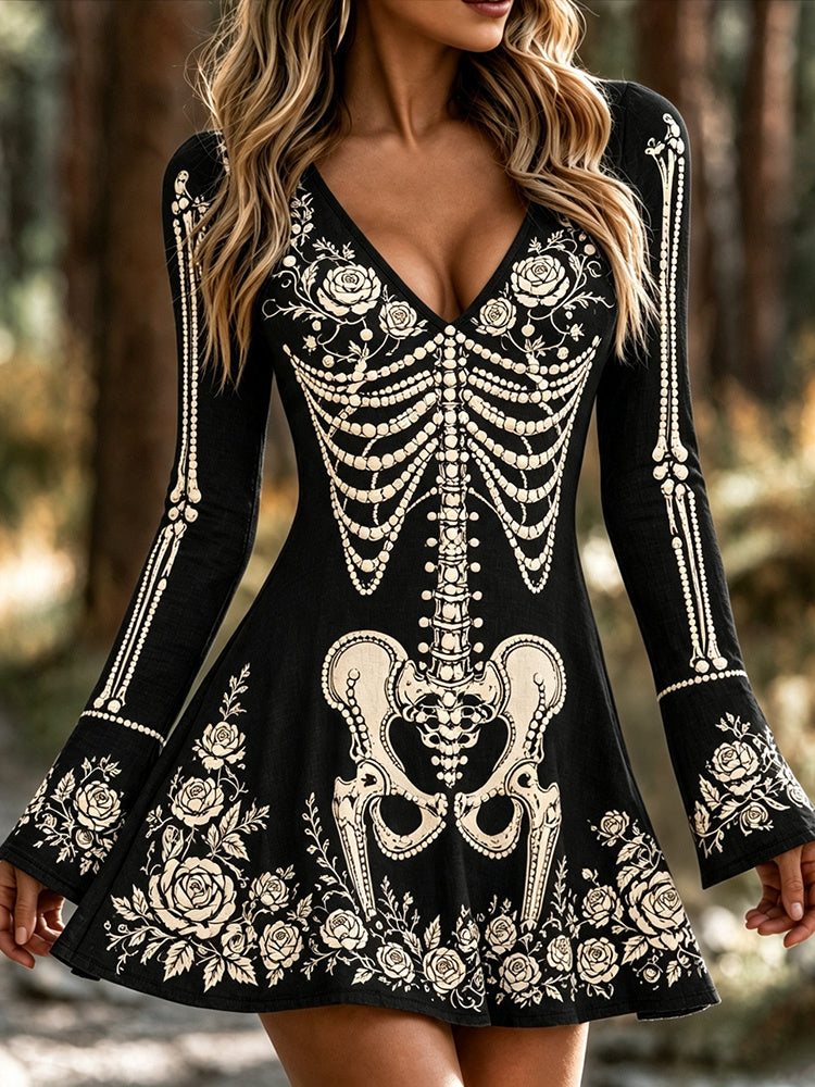 Women's Gothic Skeleton With Floral Art Print V Neck Mini Dress