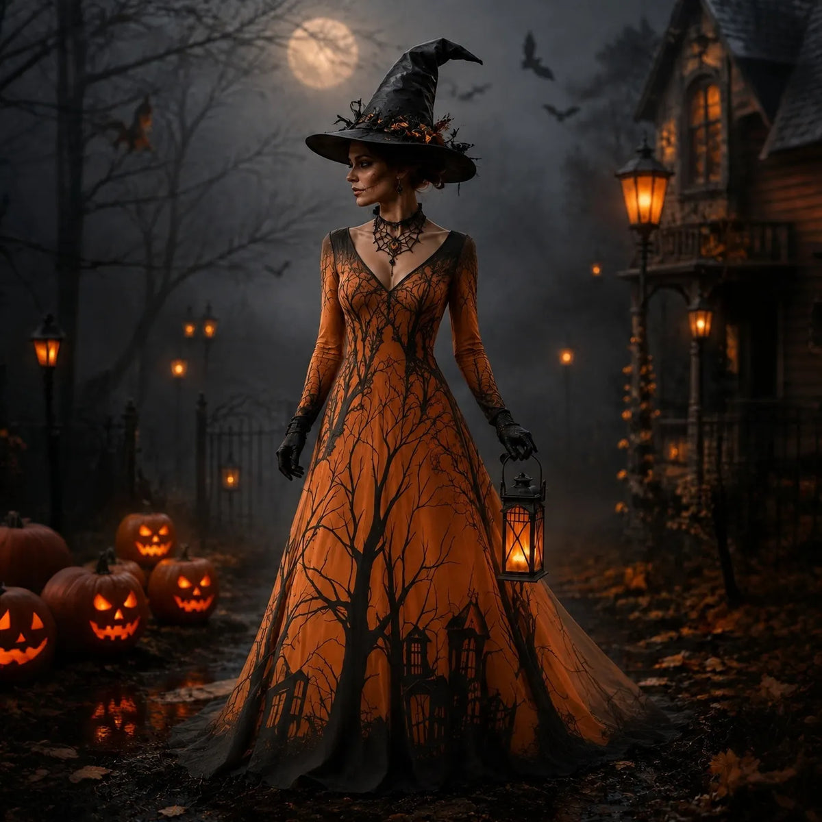 Women's Halloween Gradient Treehouse Print  V-neck Maxi Dress