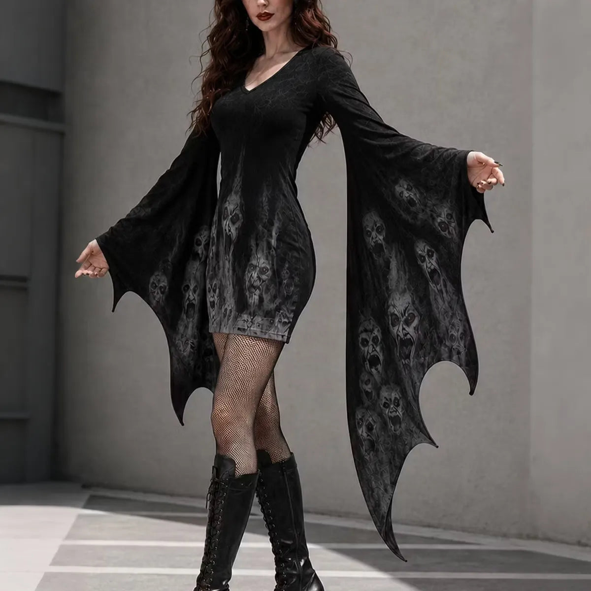 Women's Gothic Scare Face Batwing Flare Sleeve V Neck Bodycon Dress – Halloween Costume